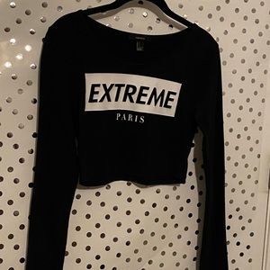 Forever 21 brand, black long sleeve crop top w/‘Extreme Paris’ on front; Size: L